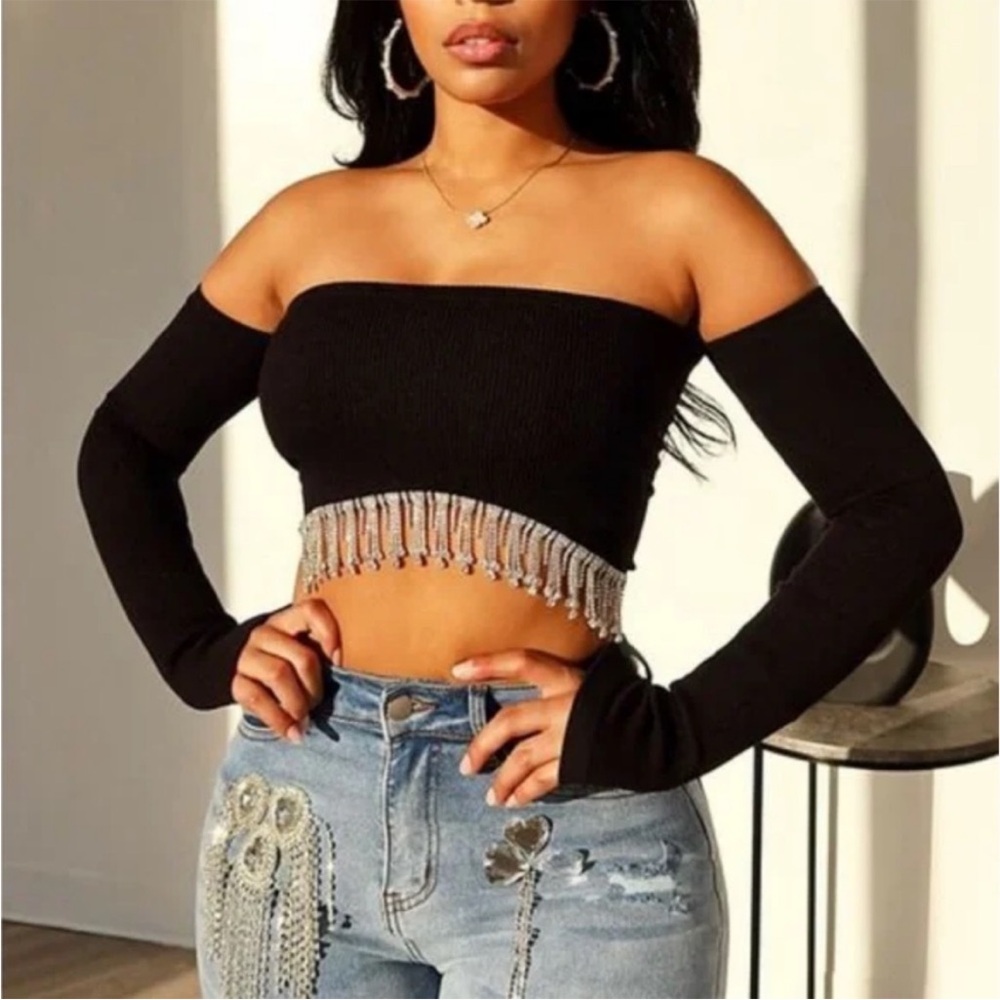 Zara Black Off-Shoulder Crop Top with Fringe